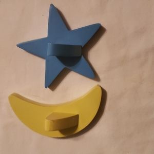 Star and Moon Wooden Coat Hooks Clothes Peg Yellow Celestial and Baby Blue